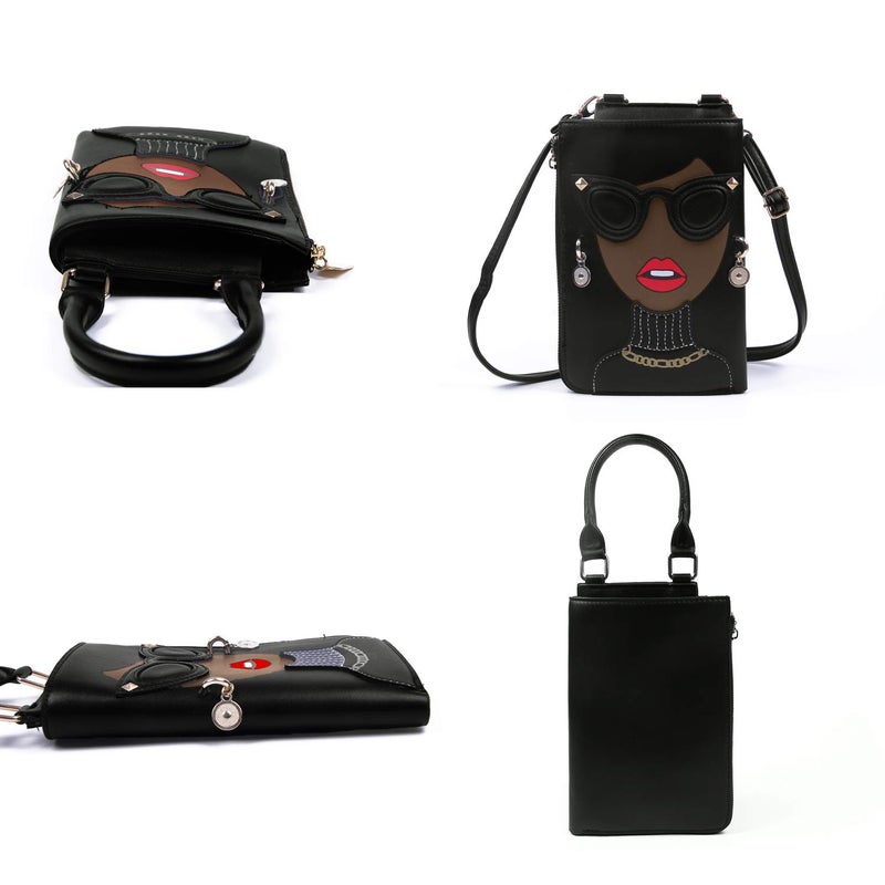 KUANG! Women Novelty Lady Face Shoulder Bags Funky PU Leather Top Handle Satchel Handbags Clutch Purse for Women - Image 3